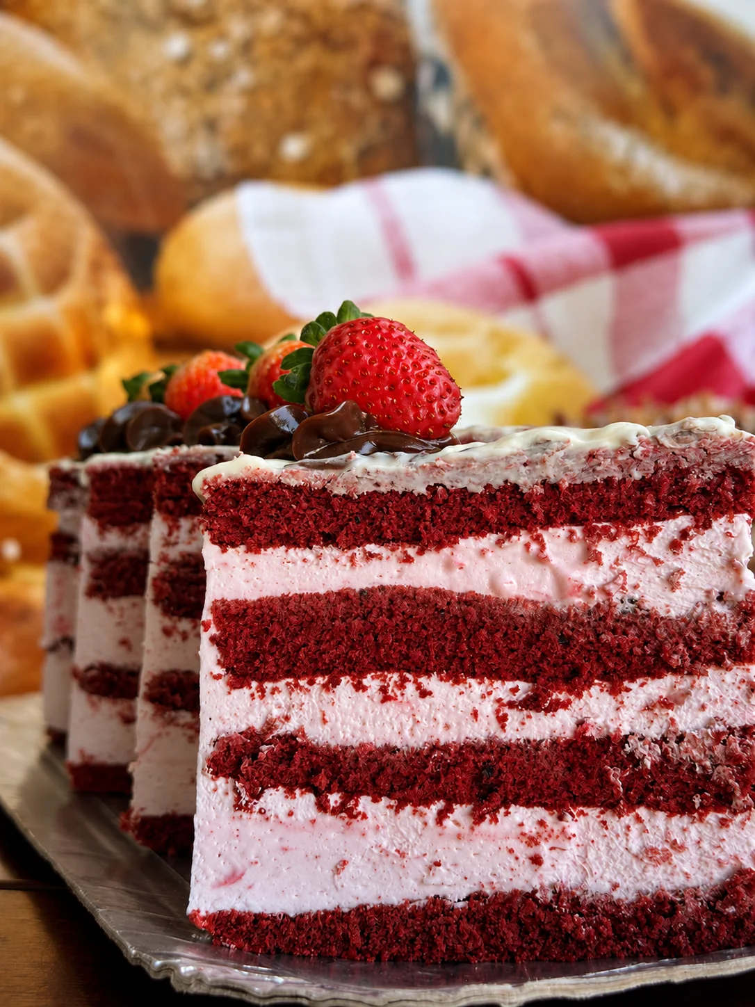 Fatia de bolo red velvet com morango